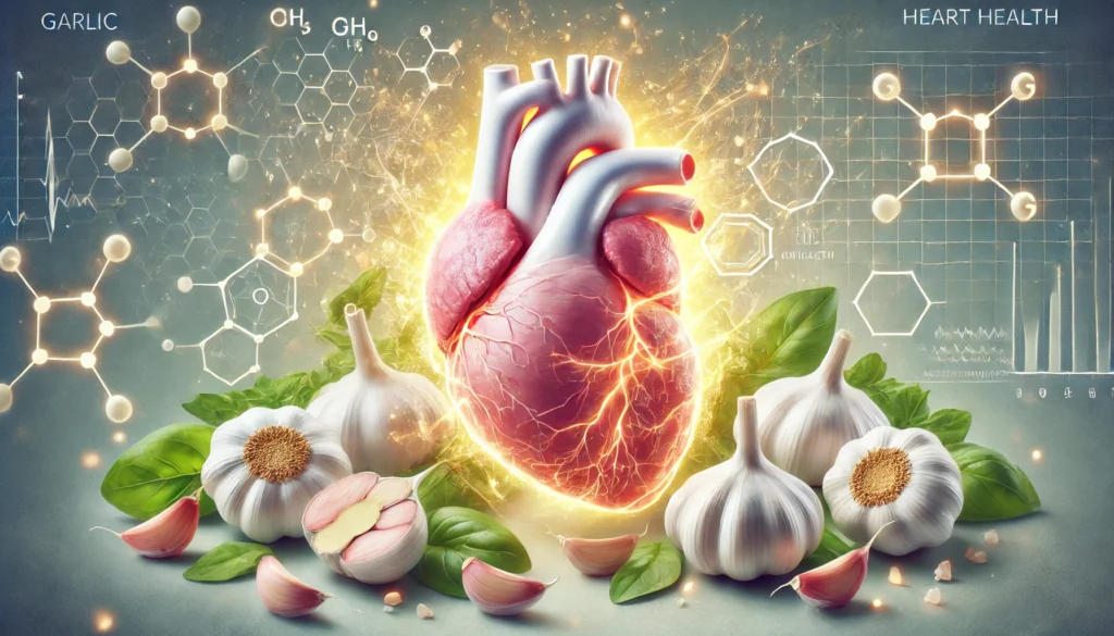 A visually striking representation of garlic and heart health, depicting an anatomically accurate glowing heart with garlic cloves radiating energy, symbolizing its cardiovascular benefits