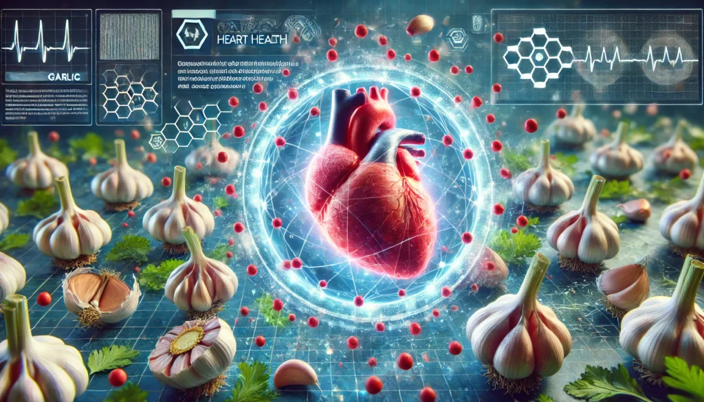 A futuristic medical visualization of garlic’s role in heart health, showing a heart encased in a protective energy field, garlic cloves emitting bioactive waves, and a digital health interface.