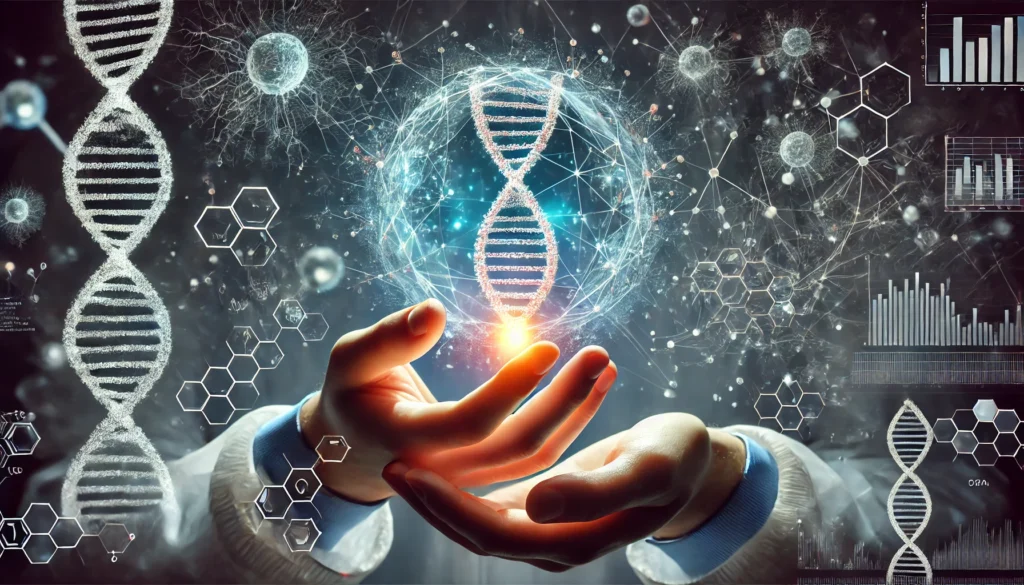 A scientist holding a glowing DNA strand in a futuristic digital environment, surrounded by molecular structures and bioinformatics data, signifying cutting-edge research in genetic disease prevention.