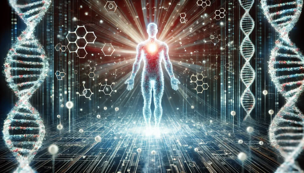 A conceptual image of a human figure composed of glowing DNA strands, standing in a digital landscape of interconnected genetic data, symbolizing breakthroughs in DNA technology and disease prevention.