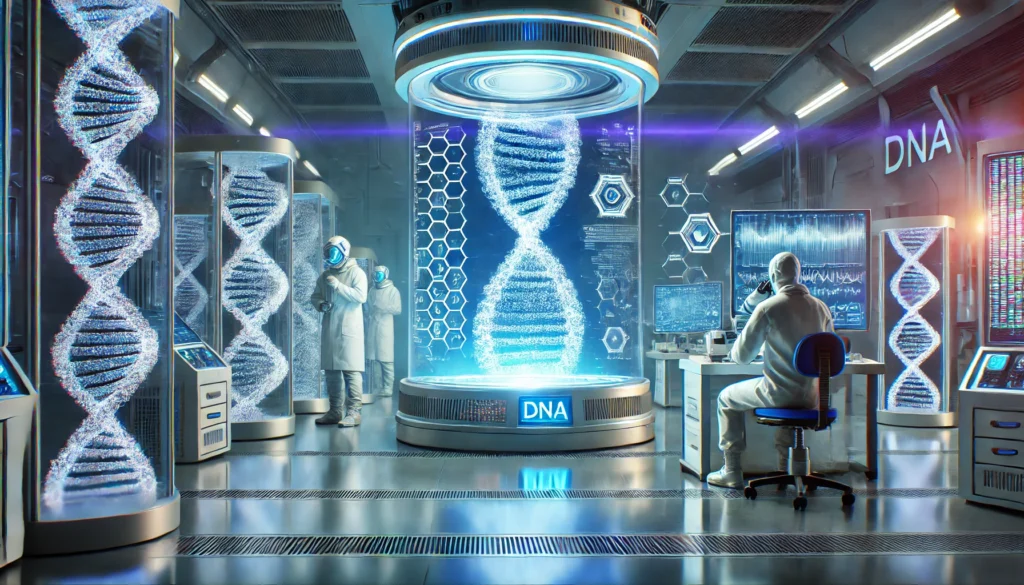 A high-tech laboratory equipped with advanced genetic testing machines. Scientists in futuristic attire examine a glowing holographic DNA sequence, with a detailed genome mapping interface. The scene is bathed in a cool blue and purple hue, symbolizing precision and innovation.