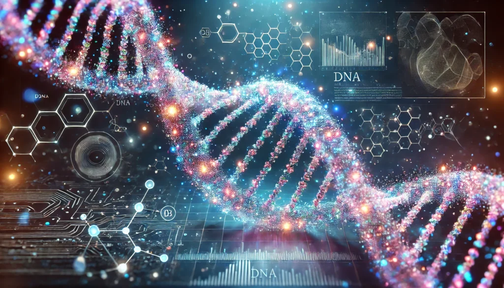A luminous DNA double helix composed of glowing particles, floating in a high-tech digital environment. Abstract molecular structures and holographic data points surround the strand, visually representing the complexity of genetic analysis for health and ancestry.