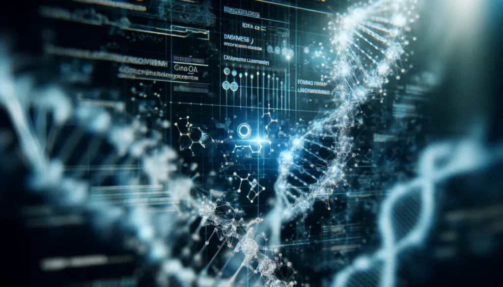 A microscopic, high-tech visualization of genetic sequencing, featuring glowing DNA strands and molecular structures interconnected in a futuristic digital environment. The image highlights bioinformatics advancements in medicine.