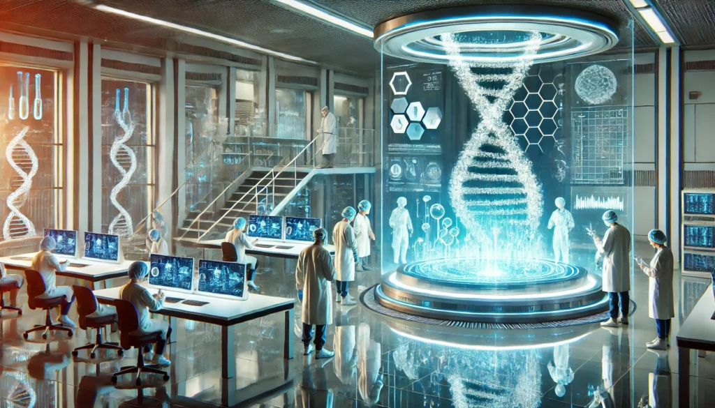 A cutting-edge medical lab where researchers conduct advanced genetic testing. A large transparent screen displays a 3D molecular structure while scientists in high-tech suits examine samples under a sterile, glowing lab environment.