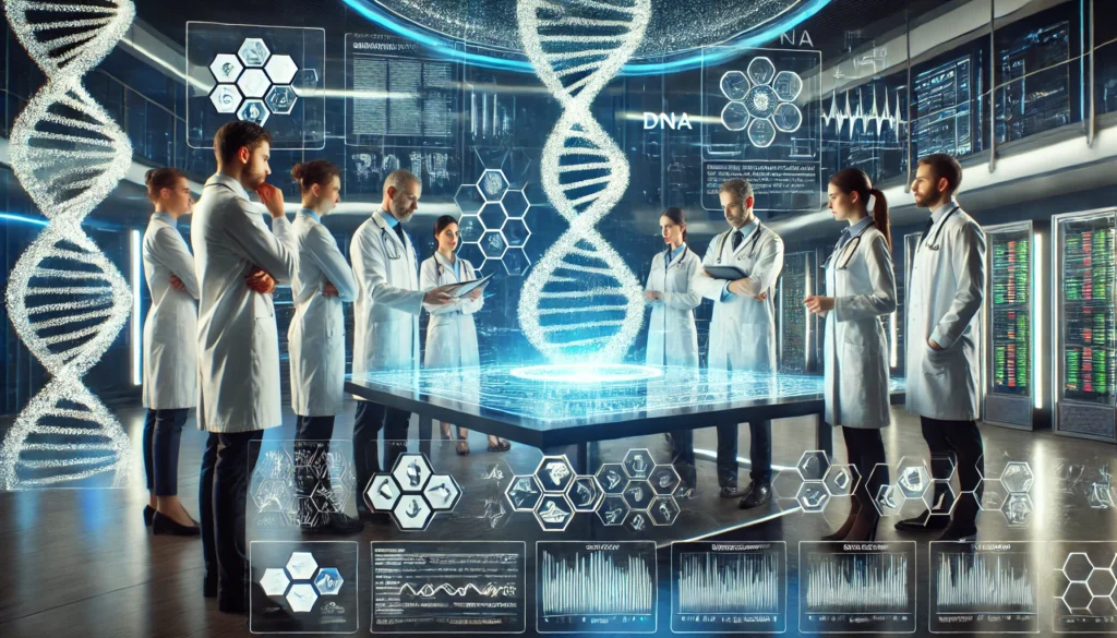A team of medical professionals collaborating in a high-tech laboratory, examining a large digital screen displaying a genome sequence, with state-of-the-art DNA visualization tools around them.