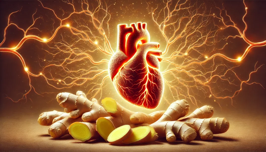 Fresh ginger roots beside a heart-shaped glowing artery network, representing natural circulation benefits.