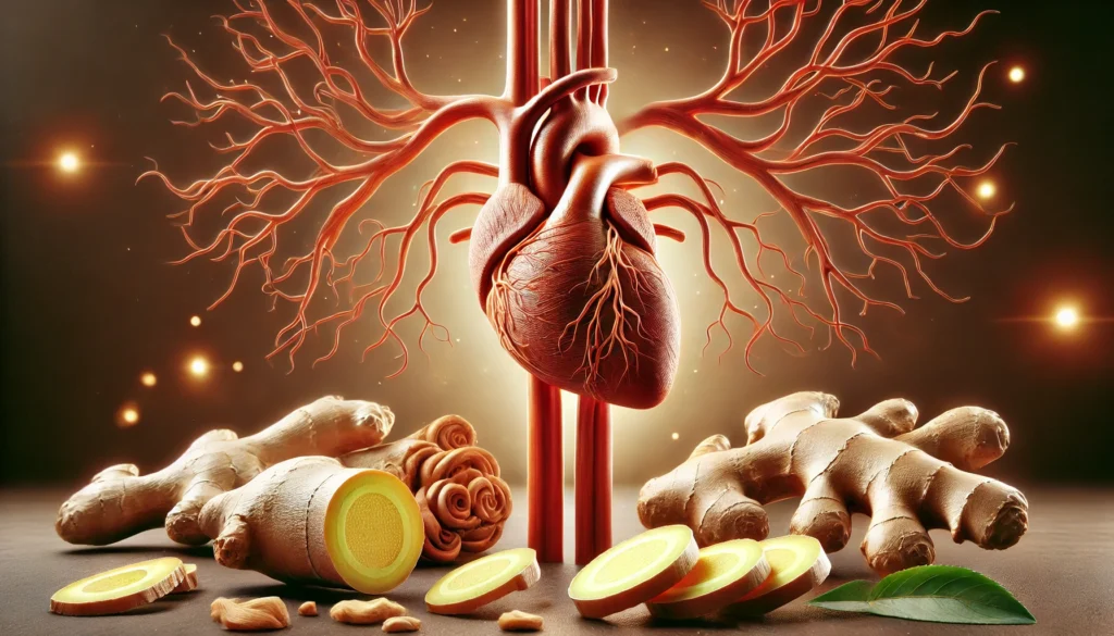 A human circulatory system with clear arteries, surrounded by ginger roots, symbolizing improved blood flow.