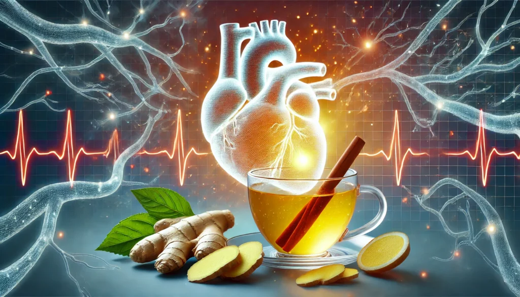 A steaming cup of ginger tea with glowing energy, suggesting potential benefits for artery health and circulation.