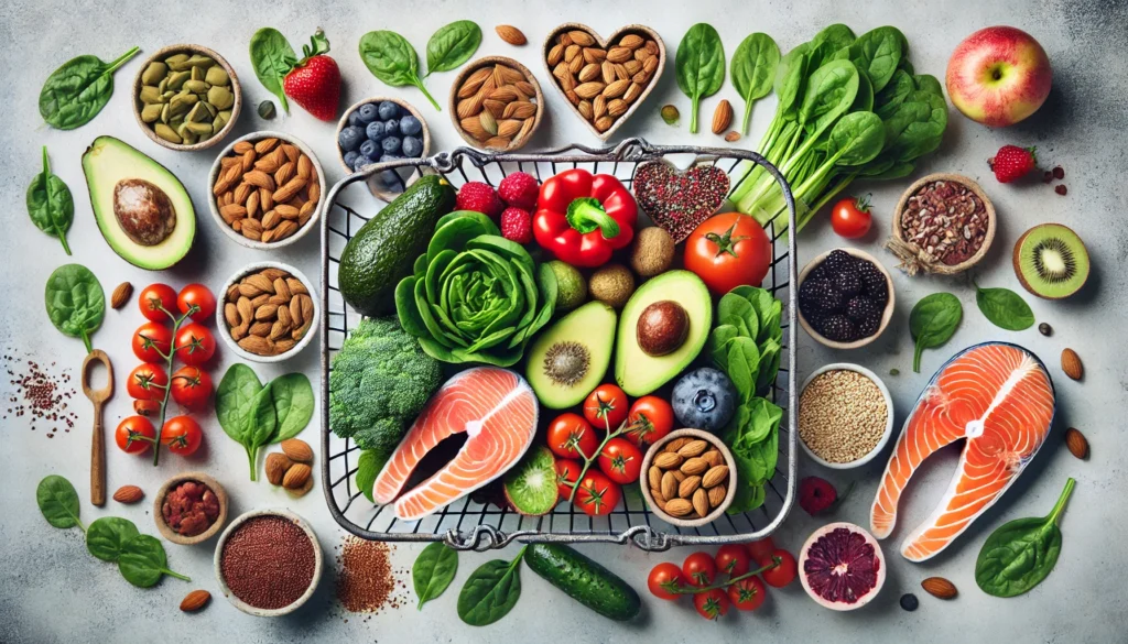 A top-down view of a grocery basket packed with heart-healthy foods, including spinach, avocados, berries, almonds, quinoa, and salmon, symbolizing a balanced diet for cardiovascular health.