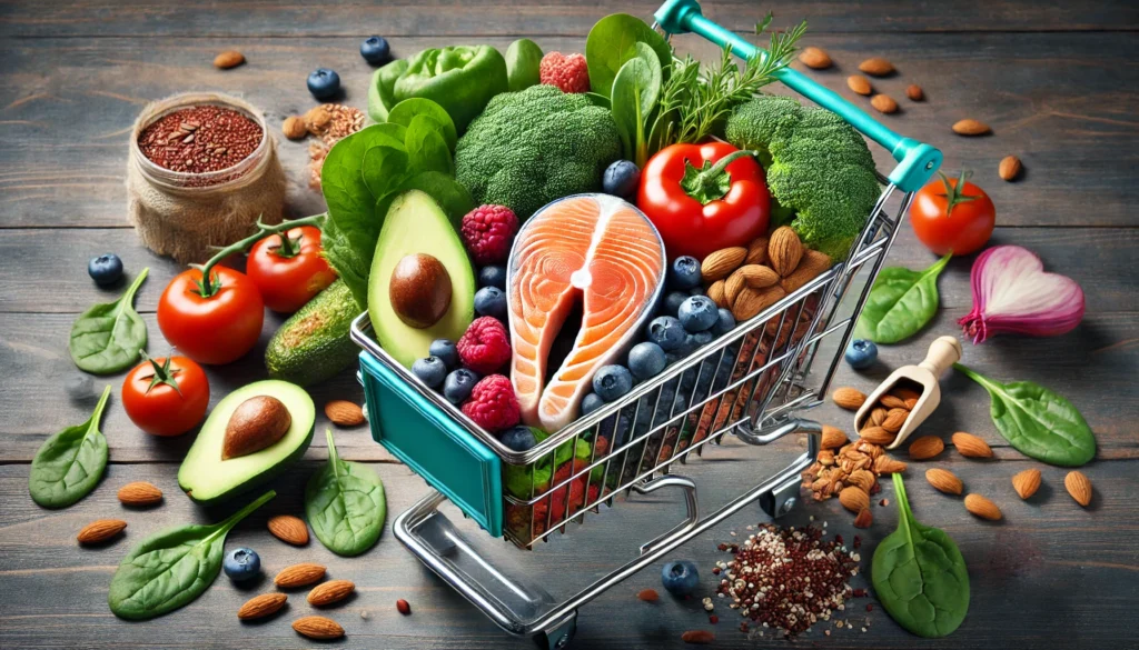 A close-up view of a grocery shopping cart filled with heart-healthy foods, including avocados, spinach, blueberries, quinoa, almonds, and salmon, symbolizing a nutritious diet for cardiovascular wellness.