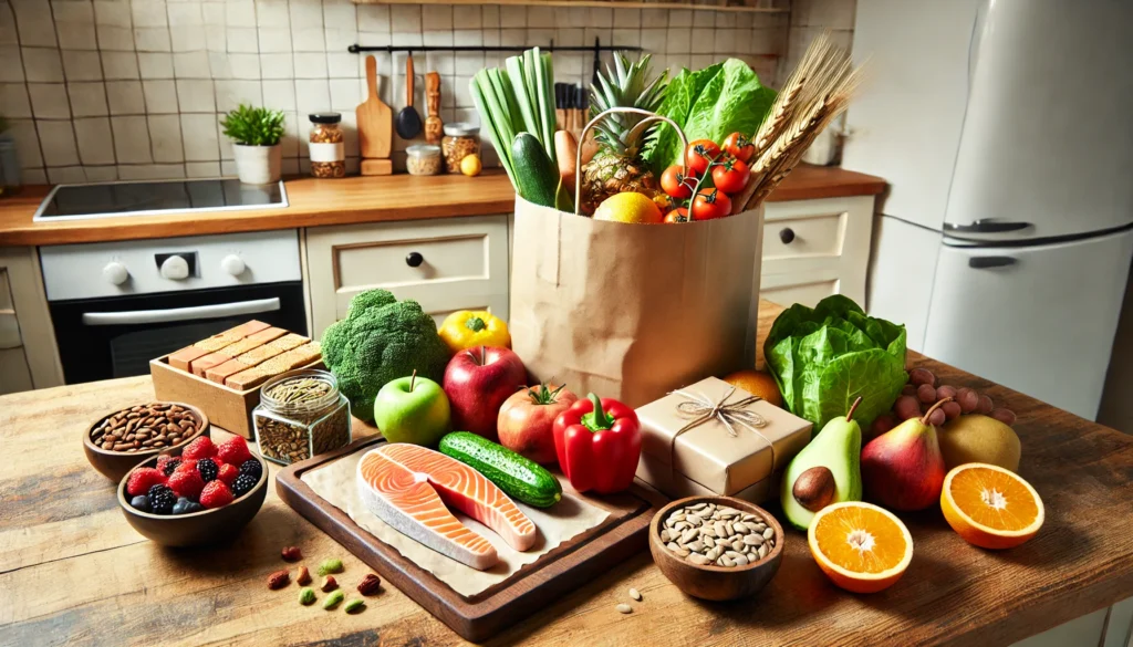 A wooden kitchen counter with heart-healthy groceries freshly unpacked from a shopping bag, featuring fresh vegetables, fruits, whole grains, nuts, seeds, and lean proteins such as salmon and tofu.