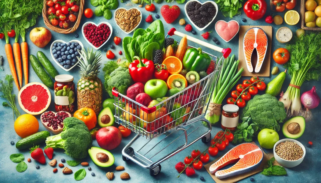 A vibrant grocery cart filled with fresh heart-healthy foods, including leafy greens, avocados, berries, whole grains, nuts, and salmon, set in a well-lit supermarket.