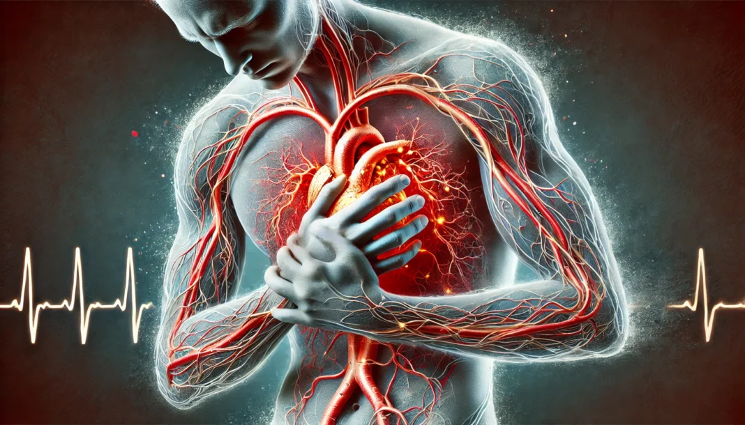 Medically accurate depiction of vascular stiffness symptoms, featuring a person clutching their chest in discomfort with a transparent overlay of stiffened arteries, turbulent blood flow, and pressure buildup.