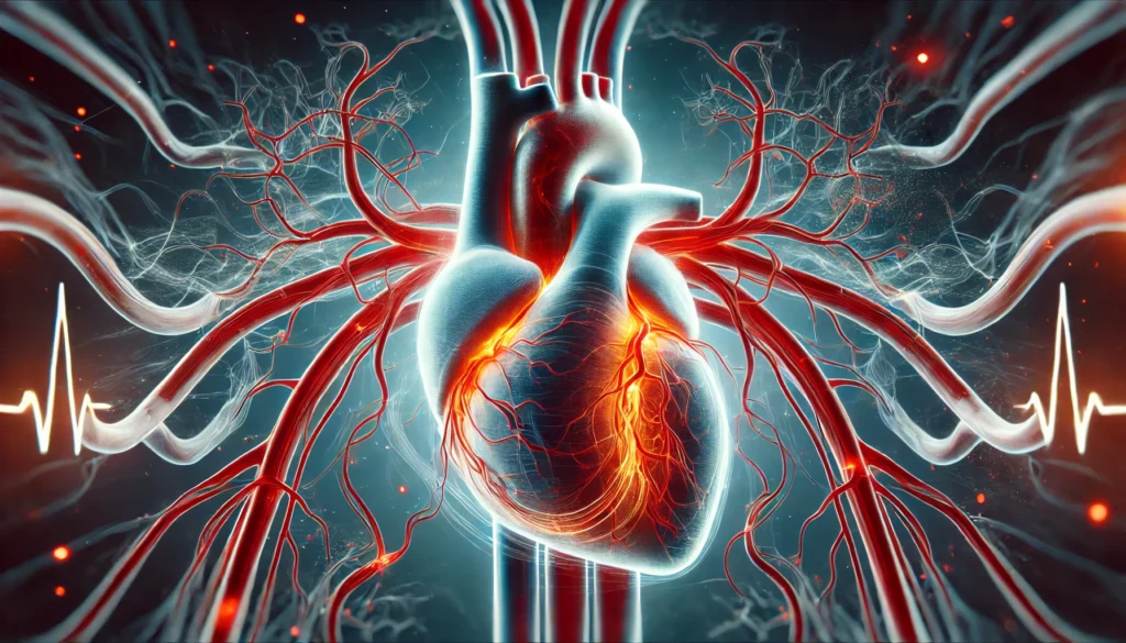 Conceptual medical depiction of the heart and arteries, highlighting areas of vascular stiffness, blood turbulence, and cardiovascular strain due to restricted circulation.