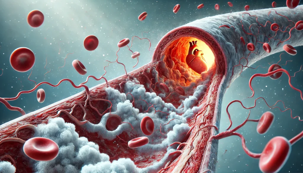 3D-rendered visualization of vascular stiffness progression, depicting fatty plaque buildup, artery inflammation, and restricted blood flow affecting heart health.