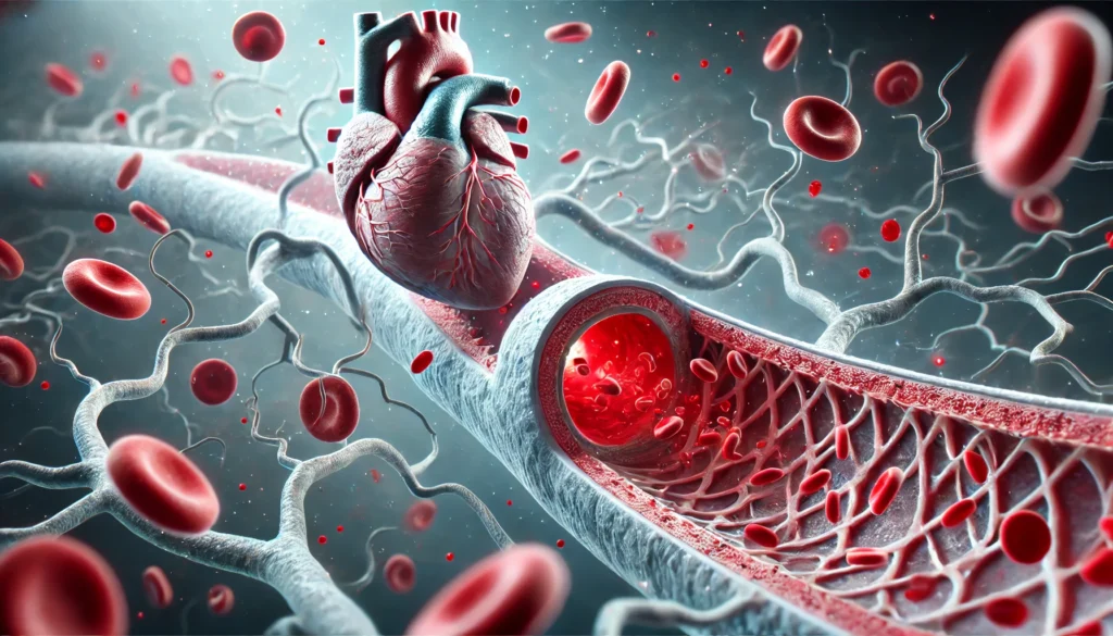 A digital medical visualization showing the impact of vascular stiffness on heart health. A close-up of an artery with plaque buildup leads to narrowed and hardened blood vessels, contrasting against a normal, flexible artery. Red blood cells struggle to flow through the stiffened artery, indicating reduced circulation, with the heart subtly illustrated under stress.