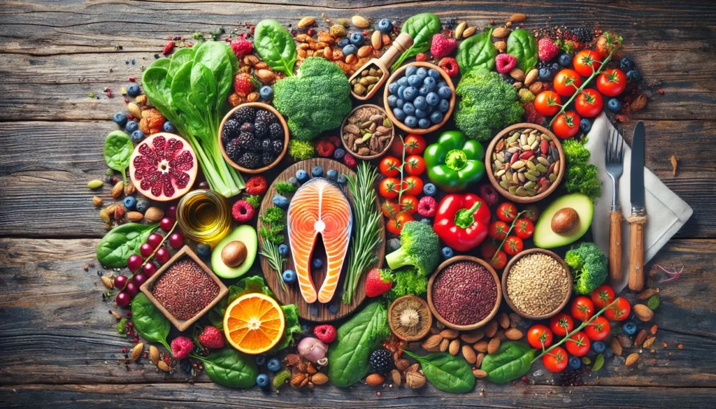 A colorful assortment of heart-healthy foods – Featuring fresh salmon, leafy greens, vibrant berries, nuts, seeds, whole grains, and olive oil.