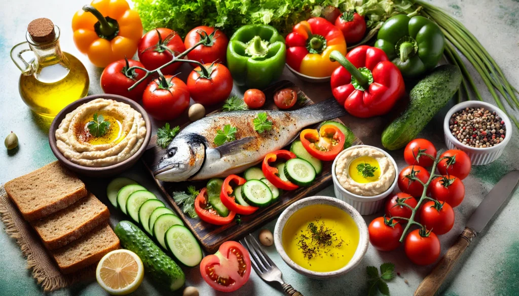 A vibrant Mediterranean-style meal – Showcasing grilled fish, fresh vegetables, hummus, whole-grain bread, and extra virgin olive oil.