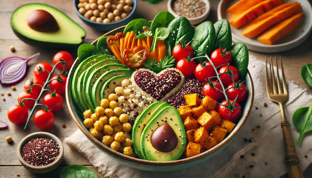 A Buddha bowl with quinoa, chickpeas, avocado, cherry tomatoes, spinach, roasted sweet potatoes, and seeds.