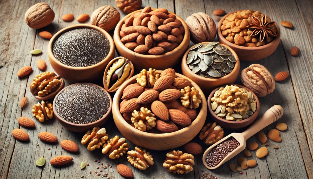 Displaying almonds, walnuts, flaxseeds, chia seeds, and pumpkin seeds in wooden bowls.