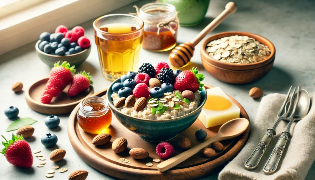 A cozy kitchen setting featuring a nutritious breakfast of oatmeal topped with fresh berries, nuts, and honey, alongside a glass of green tea.