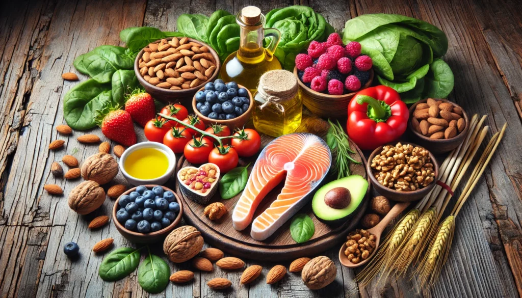 A colorful assortment of heart-healthy foods, including almonds, walnuts, olive oil, salmon, leafy greens, and berries, beautifully arranged on a rustic wooden table.