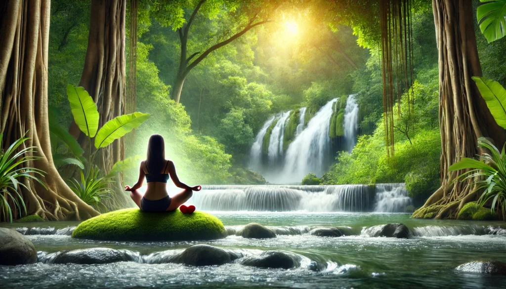 A tranquil spa-like setting with a woman meditating near a waterfall, surrounded by lush greenery, representing stress management's role in heart health.