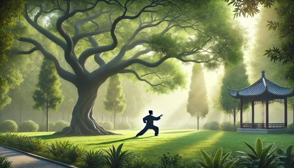 A peaceful park setting with a person practicing Tai Chi under a large, leafy tree. The serene environment and fluid movements symbolize stress reduction and physical activity, both beneficial for increasing HDL cholesterol naturally.