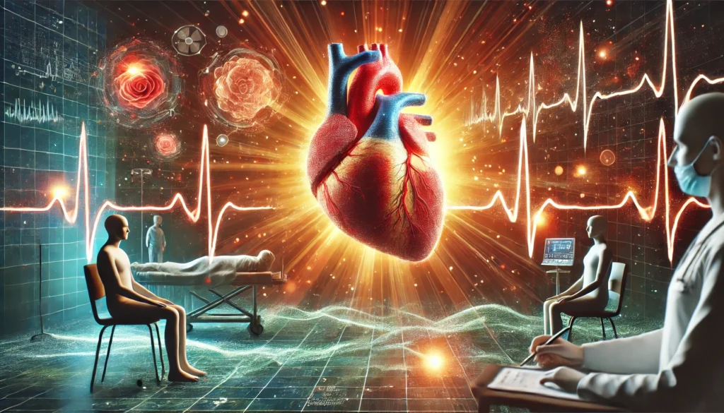 A dynamic artistic representation of energy waves symbolizing the effects of cutting-edge HFpEF treatment.