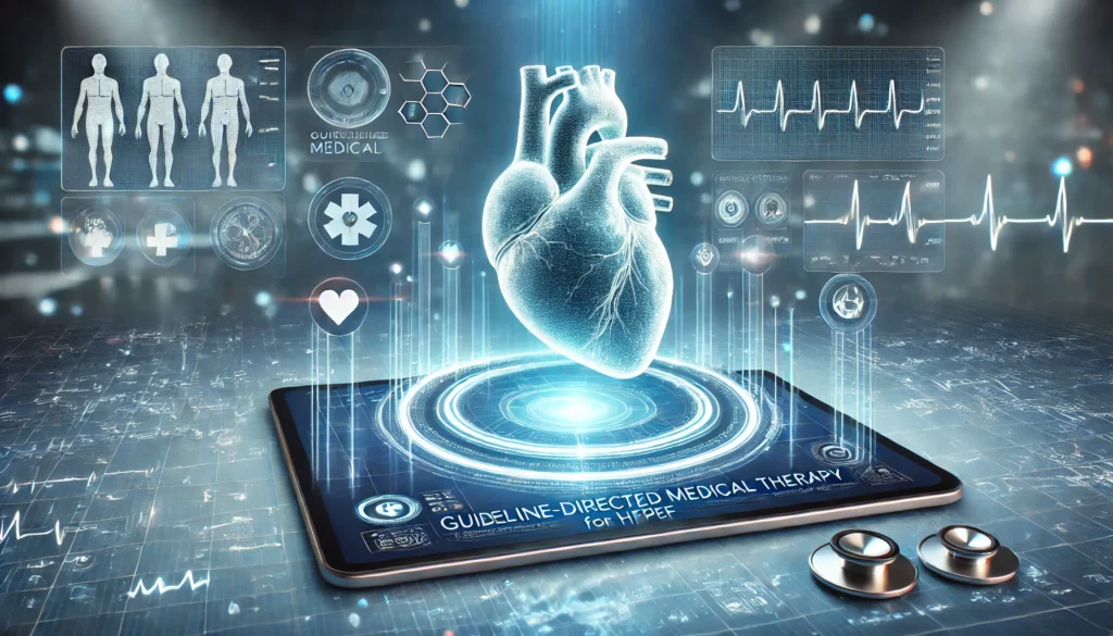 A futuristic medical scene depicting a glowing digital heart floating above a transparent touchscreen interface, surrounded by holographic ECG waveforms and advanced medical charts in a high-tech cardiology facility.
