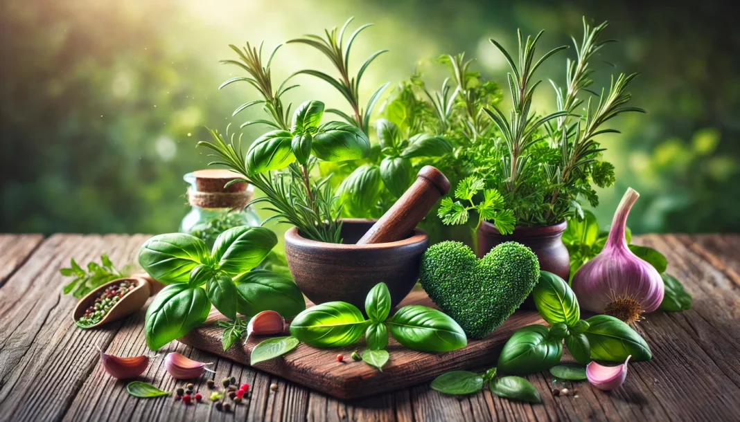 A vibrant display of heart-healthy herbs, including fresh basil, rosemary, and parsley, arranged on a rustic wooden table with a mortar and pestle. The soft, natural lighting and blurred greenery in the background emphasize the organic and healing properties of these herbs.