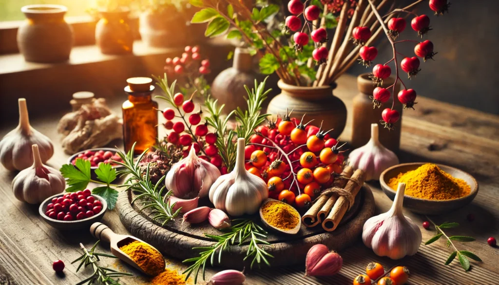 A beautifully arranged collection of heart-healthy herbs such as garlic, hawthorn berries, and turmeric on a wooden cutting board. The cozy kitchen setting with warm lighting highlights the natural medicinal benefits of these ingredients.