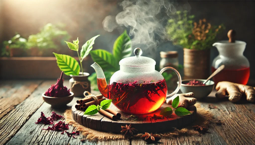 A calming tea setup featuring heart-healthy herbs like hibiscus, cinnamon, and ginger in a glass teapot. Steam rises from the freshly brewed tea, with dried herbs and fresh leaves scattered around on a rustic wooden tray, creating a tranquil and health-focused ambiance.