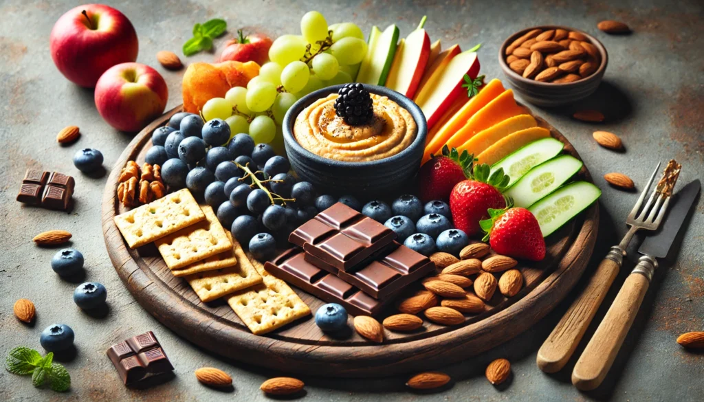 A beautifully arranged platter of heart-healthy snacks featuring fresh fruits, nuts, dark chocolate, whole-grain crackers, a dish of hummus with vegetable sticks, blueberries, and sliced almonds on a wooden serving board with soft natural lighting.