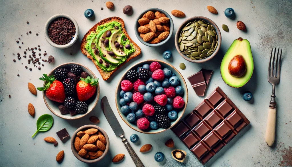 A visually appealing spread of heart-healthy snacks, showcasing a bowl of mixed berries, dark chocolate pieces, almonds, pumpkin seeds, and a plate of whole-grain toast with avocado on a neutral background.