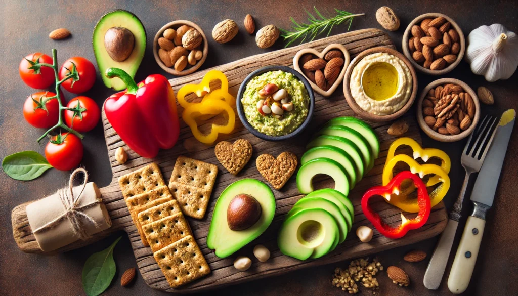 A top-down view of a variety of heart-healthy snacks arranged on a rustic wooden board, including avocado slices, whole-grain crackers, hummus, mixed nuts, and colorful sliced bell peppers.