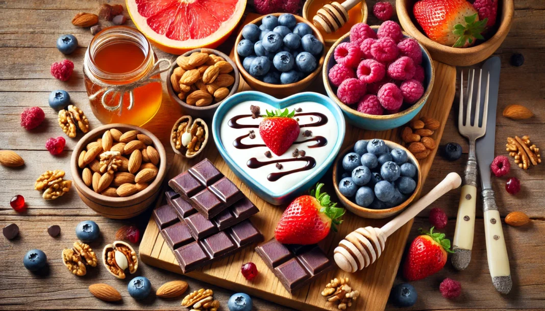 A colorful display of heart-healthy snacks on a wooden table, featuring fresh berries, almonds, walnuts, dark chocolate squares, and a bowl of Greek yogurt drizzled with honey.
