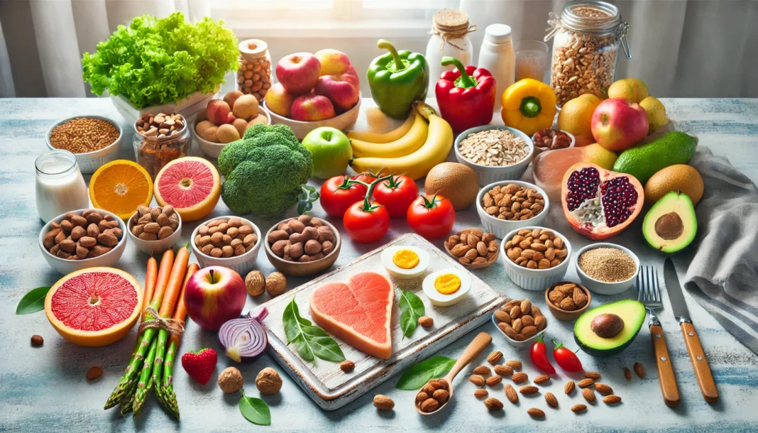 A visually appealing table filled with heart-healthy foods, including fresh fruits, vegetables, nuts, whole grains, and lean proteins. The scene is bright and inviting, promoting a balanced diet for high cholesterol.