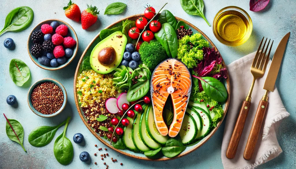 A colorful plate of heart-healthy foods featuring grilled salmon, quinoa, avocado, leafy greens, and a side of berries. The presentation is vibrant, emphasizing a nutritious, low-cholesterol meal.