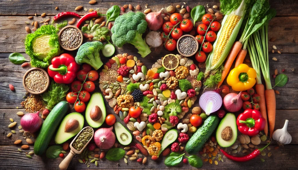 A vibrant assortment of fresh vegetables, nuts, seeds, and whole grains arranged in a heart shape on a rustic wooden table, symbolizing heart-healthy eating and cholesterol-friendly food choices.