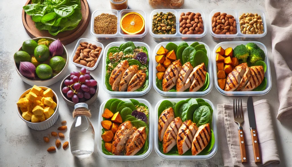 A beautifully arranged meal prep setup featuring heart-healthy ingredients: grilled chicken, roasted sweet potatoes, leafy greens, and nuts, packed into meal containers. The setting is clean and bright, promoting a balanced, low-cholesterol diet.