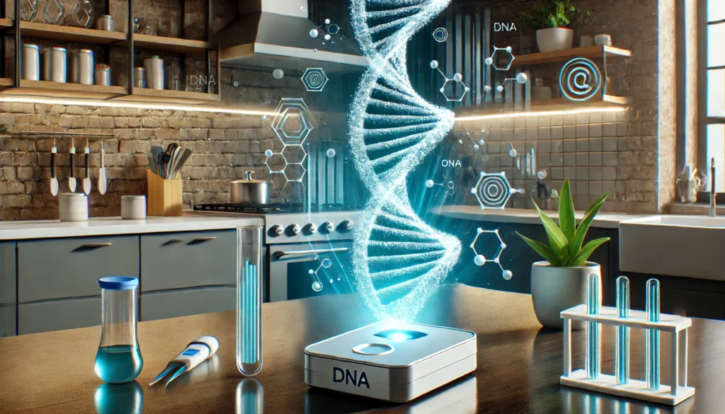 A futuristic at-home genetic testing kit placed on a modern kitchen counter, surrounded by DNA helix graphics glowing in the air, symbolizing genetic analysis and health insights.