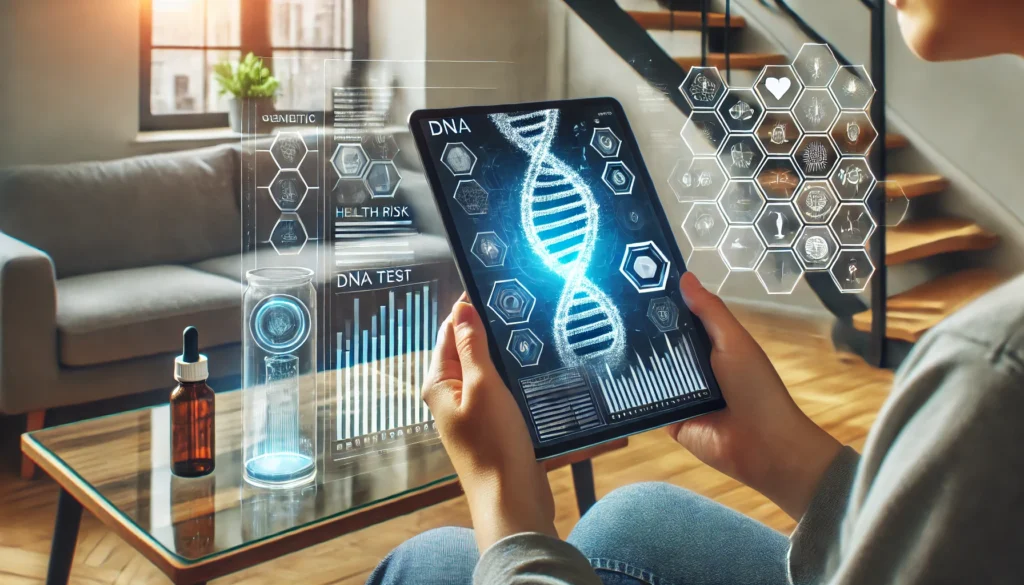 A futuristic medical lab setting at home, where a person is examining their DNA test report displayed on a transparent digital tablet, with holographic genetic data floating in the air, representing advanced health risk analysis.