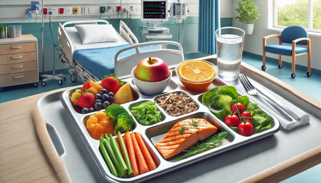Hospital Meal Tray: A hospital meal tray featuring heart-healthy food, including grilled salmon, steamed vegetables, whole grains, and a fresh fruit bowl, placed in a clean hospital room with a medical monitor in the background.