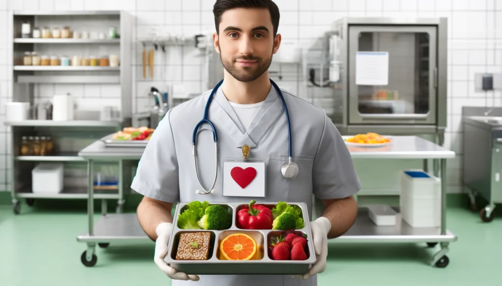 Hospital Nutritionist Preparing a Meal: A hospital nutritionist preparing a heart-healthy meal tray in a hospital kitchen. The tray includes a balanced selection of vegetables, lean protein, whole grains, and a small portion of fruit, with a clean, professional hospital kitchen in the background.