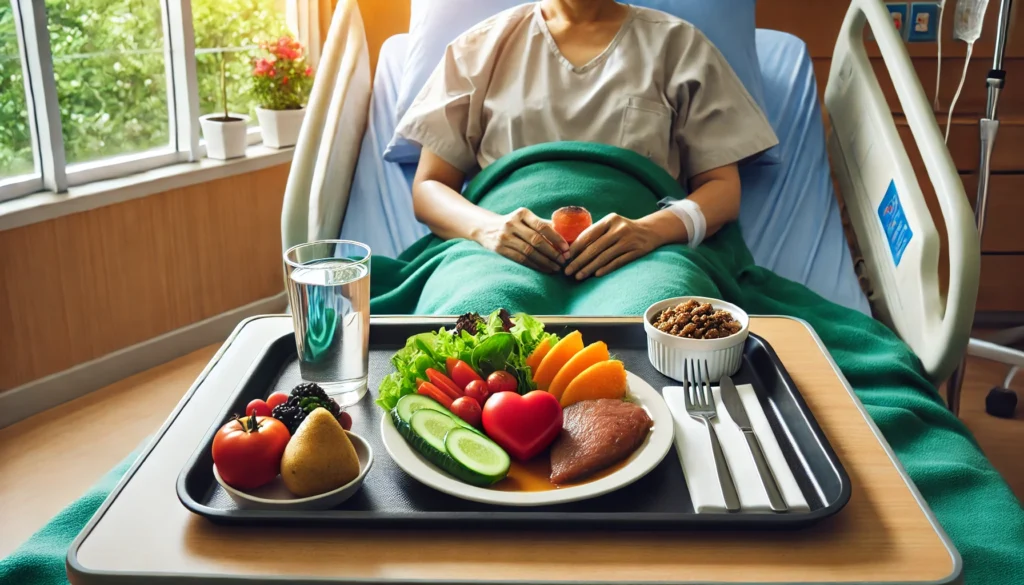 Hospital Patient Enjoying a Healthy Meal: A hospital patient sitting in bed, enjoying a heart-healthy meal consisting of fresh vegetables, lean protein, whole grains, and a glass of water. The setting is a peaceful hospital room with natural light coming through the window