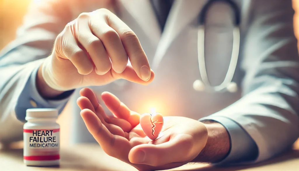A medical professional’s hand placing a heart failure medication pill on a patient’s palm, symbolizing treatment and care, with a softly blurred clinical and warm-toned background representing trust in medical care.