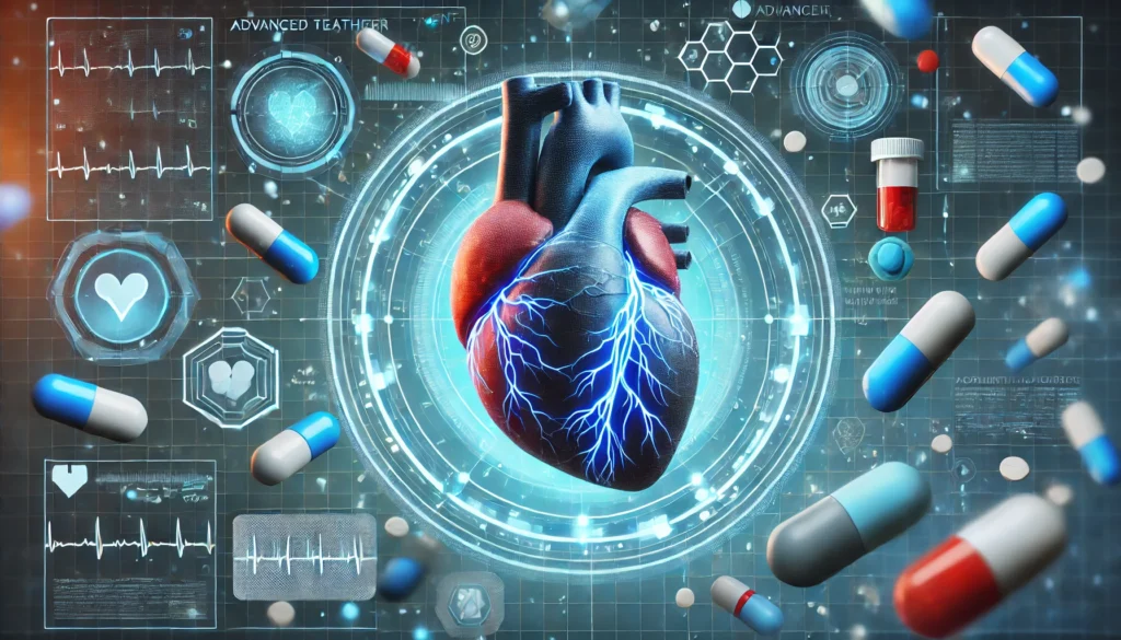 A futuristic digital representation of a human heart with glowing blue veins, surrounded by floating medication pills and capsules, symbolizing advanced treatment for congestive heart failure, set against a high-tech medical interface.