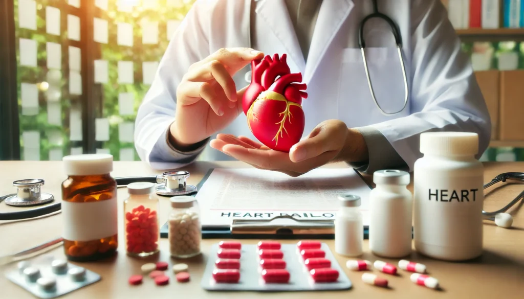 A medical scene showing a doctor's hands holding a red heart model while selecting medications from a table filled with various heart failure treatment options, against a softly blurred clinical background.