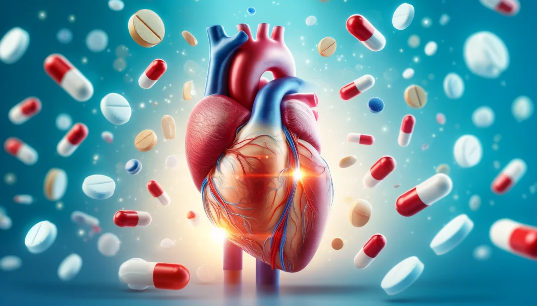 A high-quality digital illustration of a human heart with highlighted arteries and veins, surrounded by floating medication capsules and pills, against a soft blue medical gradient background.